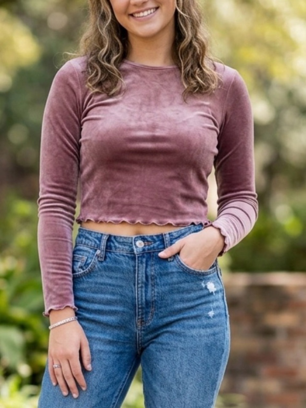 Ginger G Velvet Crop Top Mauve Pink Long Sleeve Lettuce Edge Women's XL 17.5 P2P